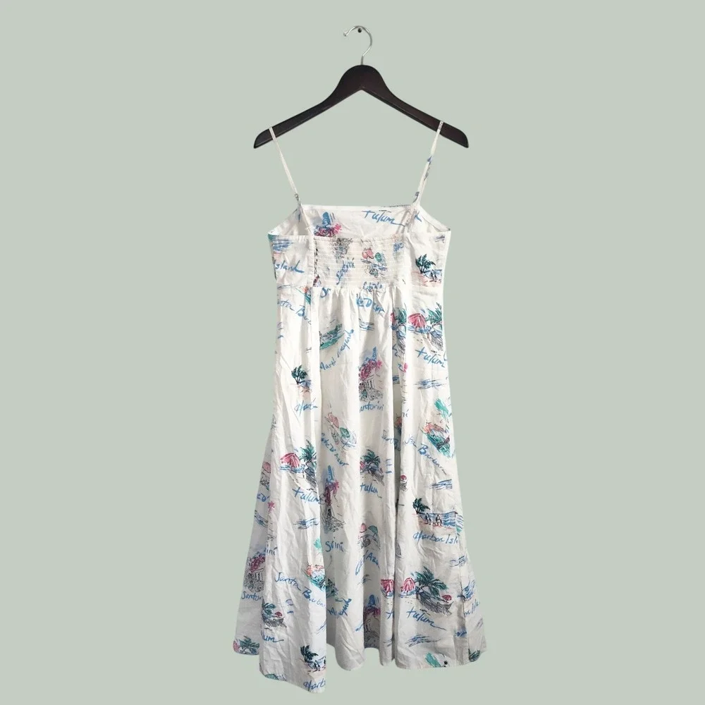 New Gap Dress Medium Fit & Flare Midi Vacationland White Spaghetti Strap Cotton